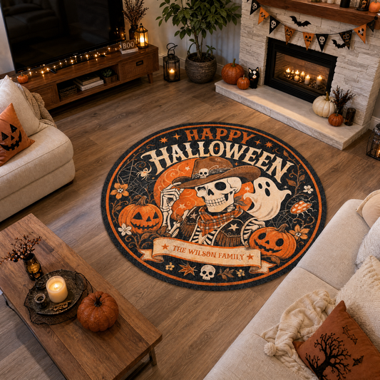Personalized Happy Halloween Cowboy Skeleton Ghost Round Rug Custom Family Name Home Decor Floor Mat