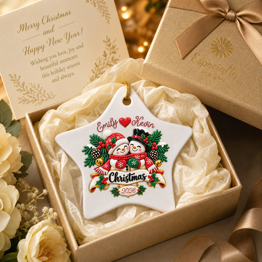 Personalized Couple Snowman Christmas Ceramic Star Ornament, view 2