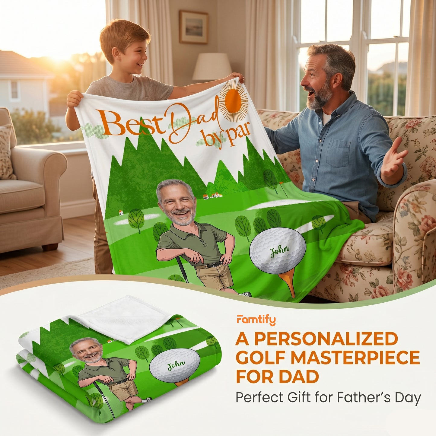 Custom Face Golf Dad Blanket – “Best Dad By Par” Personalized Photo Fleece Throw | Father’s Day Gift for Dad