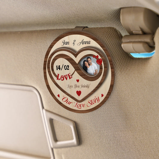 Love You To Infinity - Meaningful Car Gift for Couples - Personalized Photo 2-Layer Wooden Car Clip