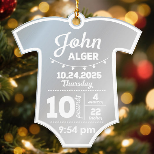 Silver mirrored baby onesie ornament engraved with a name, birth date, weight, length and time