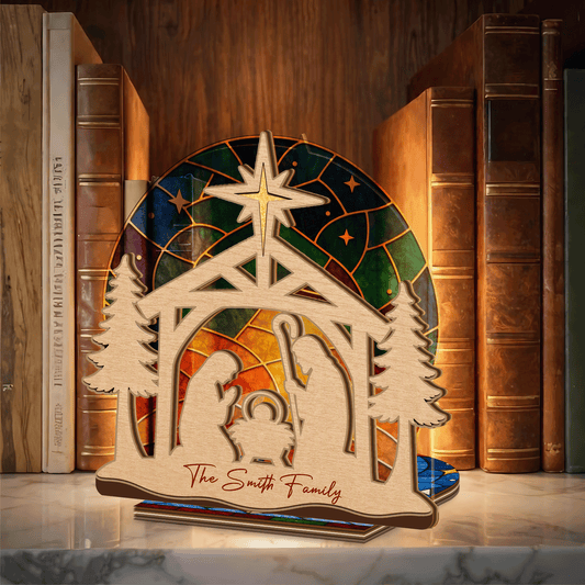 Personalized nativity suncatcher candle holder side view