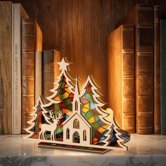 Christmas church and reindeer suncatcher candle holder side view