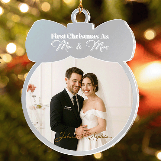 Silver mirrored First Christmas as Mr and Mrs ornament with a custom wedding photo and the couple's names