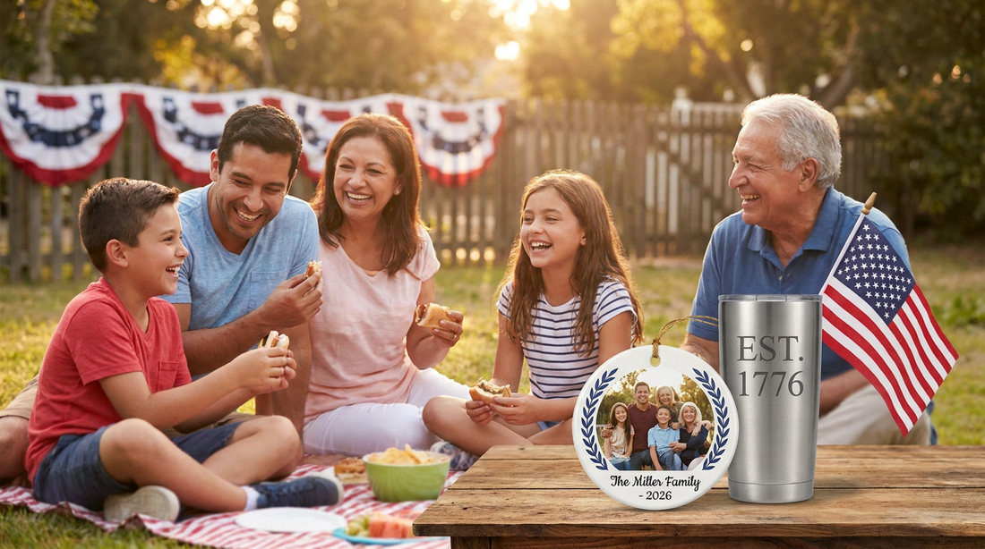 American family celebrating the 250th anniversary with a personalized photo ornament, engraved tumbler and US flag