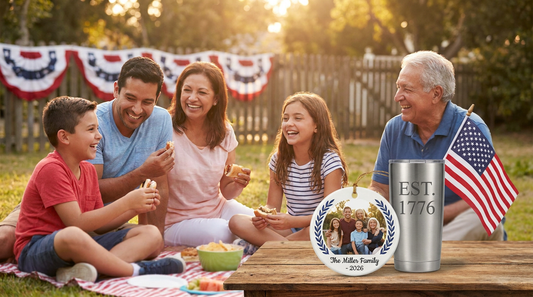 American family celebrating the 250th anniversary with a personalized photo ornament, engraved tumbler and US flag