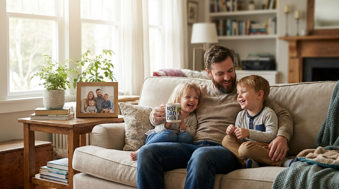 Dad holding a personalized photo coffee mug with two kids on Father's Day morning