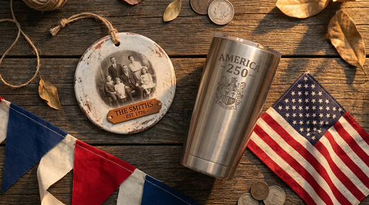 Flat lay of personalized America 250 keepsakes, engraved tumbler and US flag on rustic wood