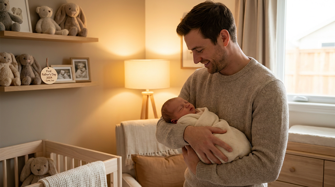 New dad holding his newborn with a personalized first Father's Day ornament on the shelf