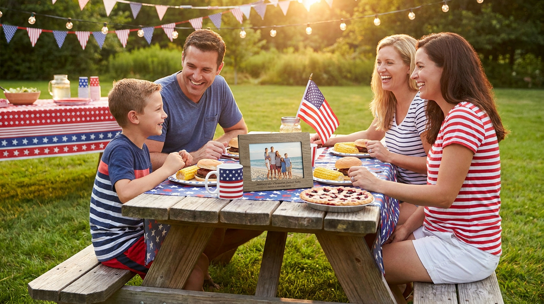 Fourth of July backyard picnic table with personalized keepsake, patriotic mug and US flag