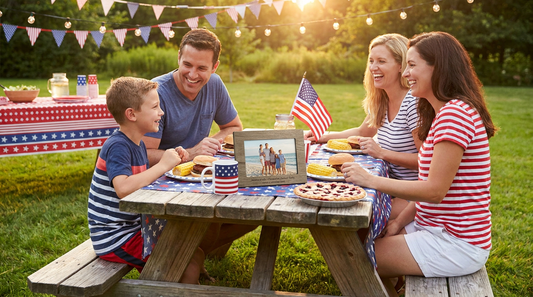 Fourth of July backyard picnic table with personalized keepsake, patriotic mug and US flag