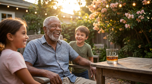 Grandfather laughing with grandchildren beside an engraved personalized whiskey glass