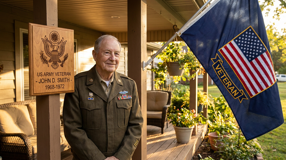 Military veteran beside a personalized engraved keepsake plaque and a custom American house flag