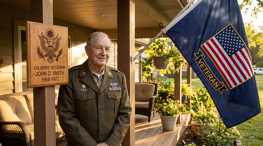 Military veteran beside a personalized engraved keepsake plaque and a custom American house flag