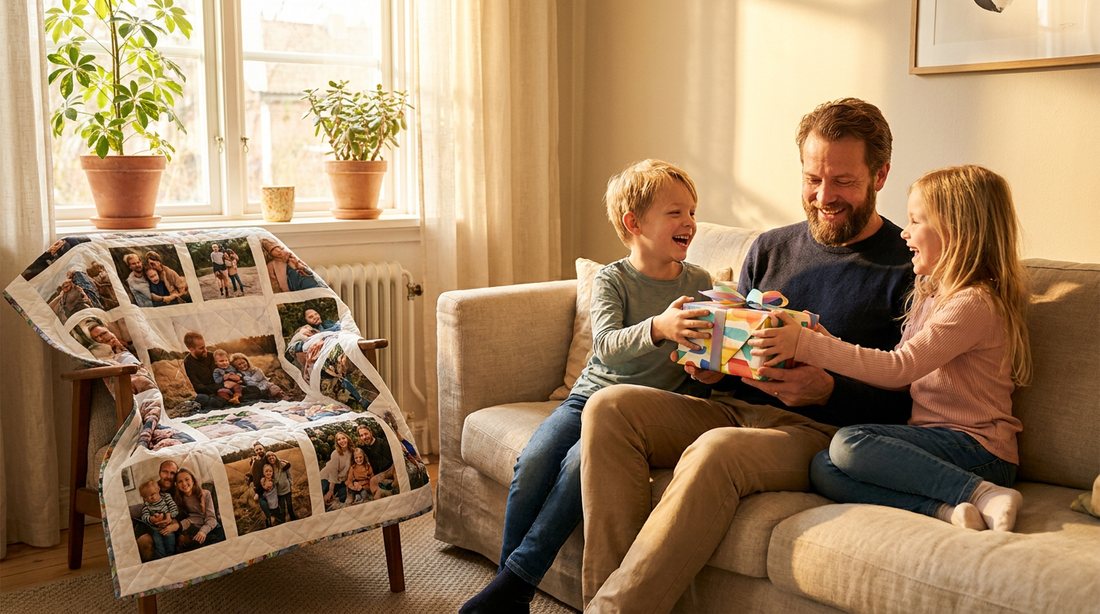 Husband and dad on the couch with kids and a personalized photo blanket on Father's Day