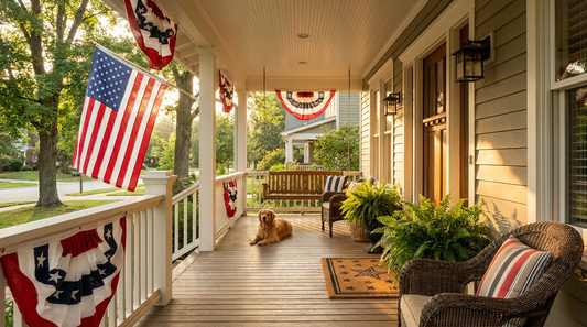 Front porch with a personalized US house flag and patriotic doormat