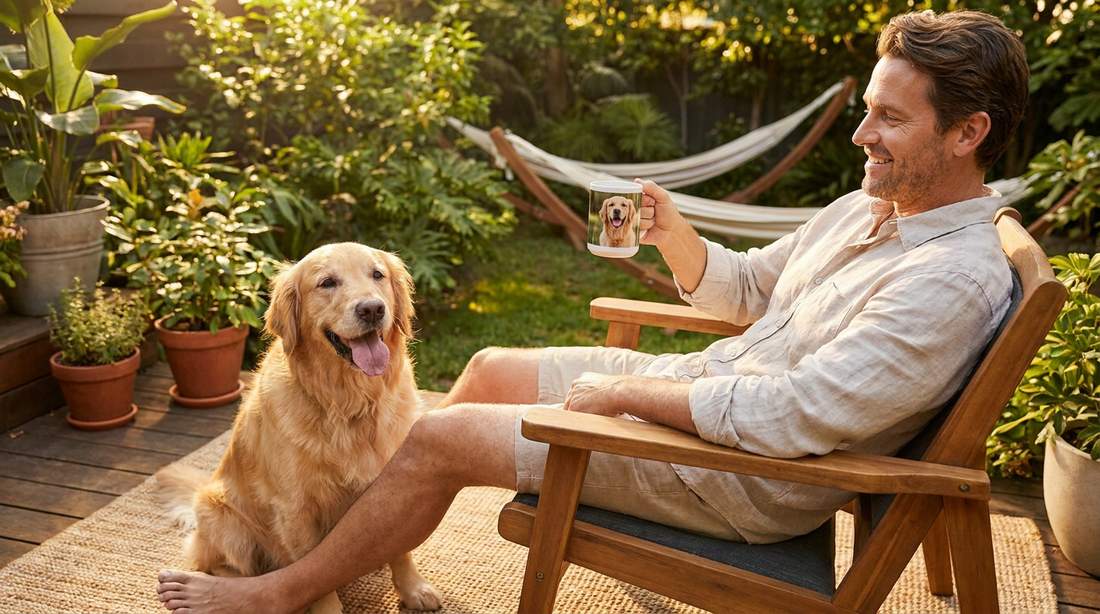 Man with his dog holding a custom photo mug featuring the dog