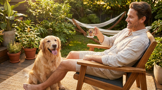 Man with his dog holding a custom photo mug featuring the dog