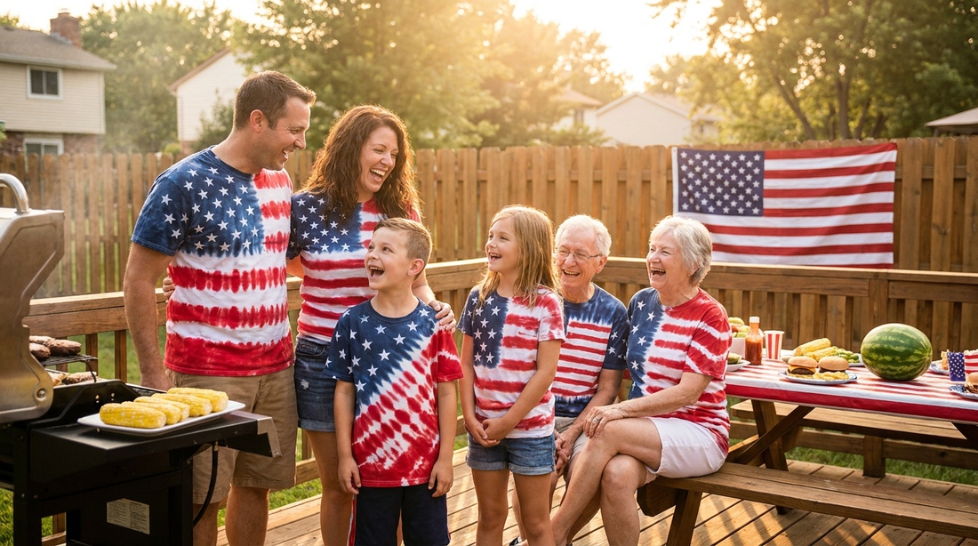 Family in matching patriotic red white and blue shirts at a Fourth of July barbecue
