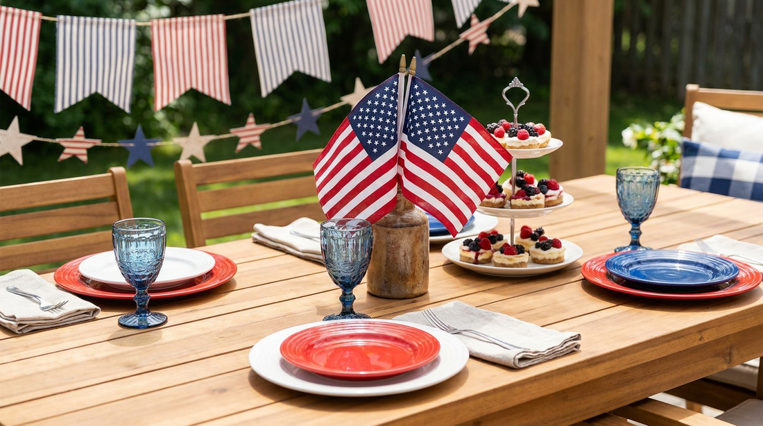 Festive Fourth of July party table set with personalized patriotic decor and US flag centerpiece