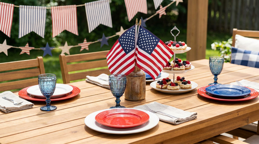Festive Fourth of July party table set with personalized patriotic decor and US flag centerpiece