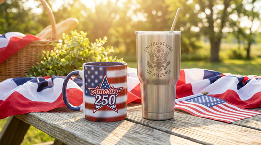 Personalized America 250 mug and engraved tumbler on a picnic table with US flag bunting