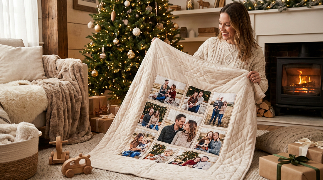 Mom by the Christmas tree holding a personalized photo blanket gift