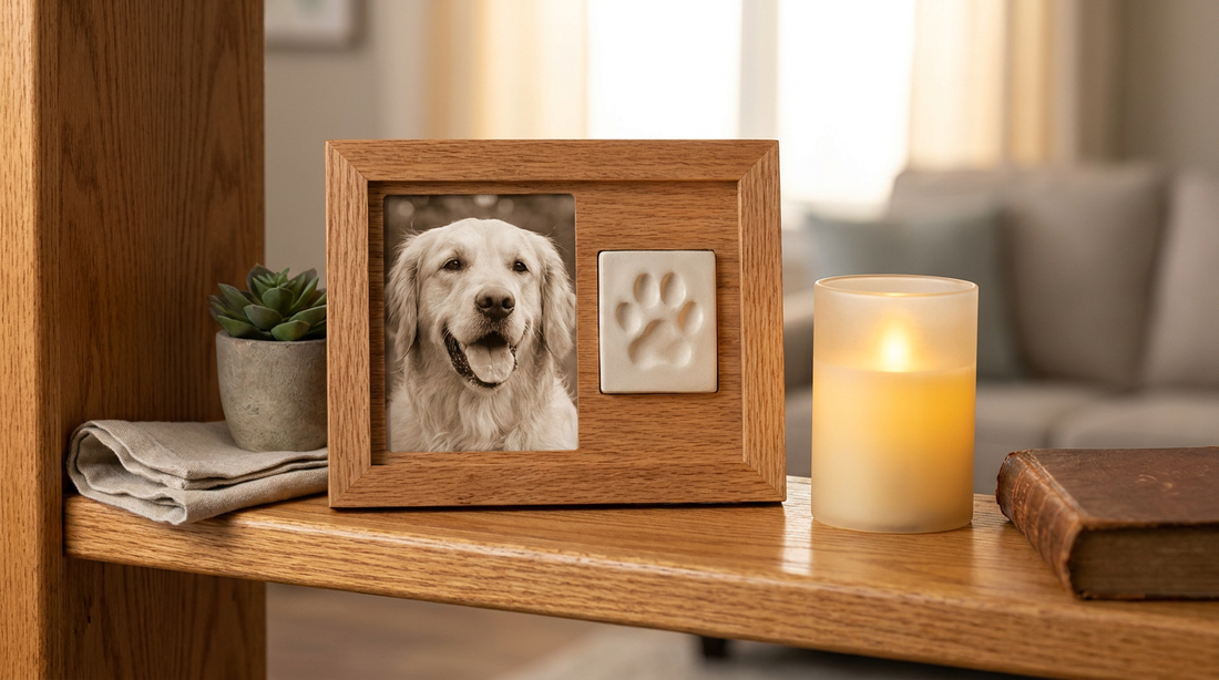 A serene memorial keepsake with a dog photo and paw print beside a soft candle