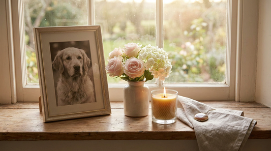 A gentle memorial display with a pet photo keepsake, flowers and a candle on a windowsill