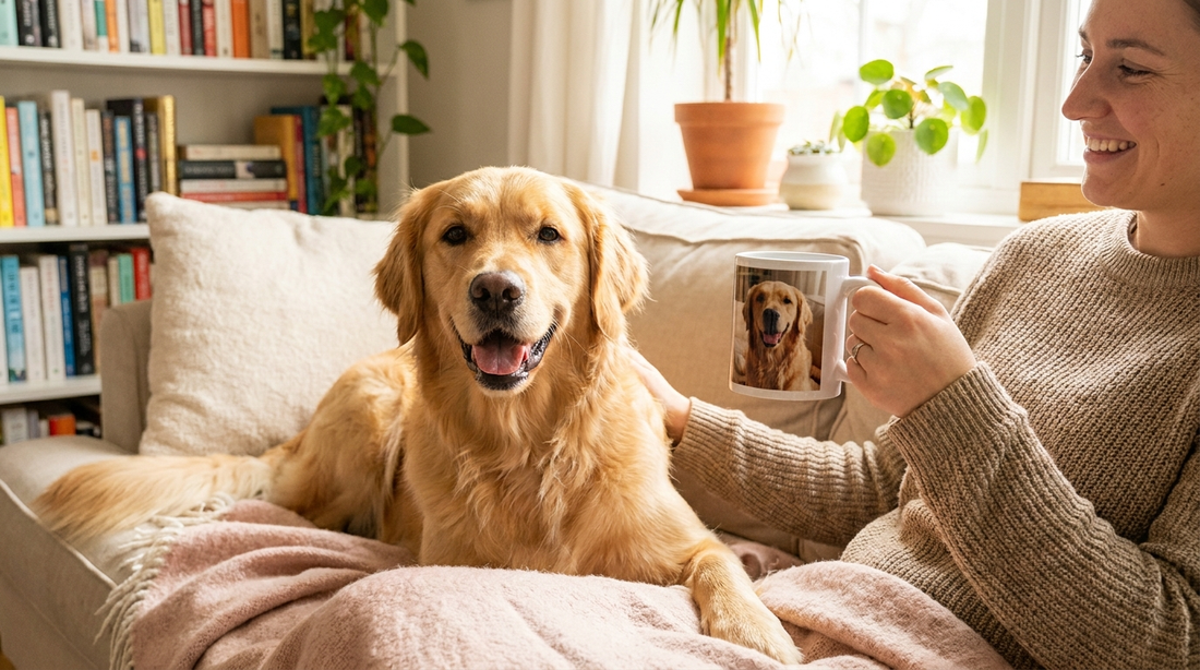A happy dog with its owner holding a custom dog photo mug in a cozy home
