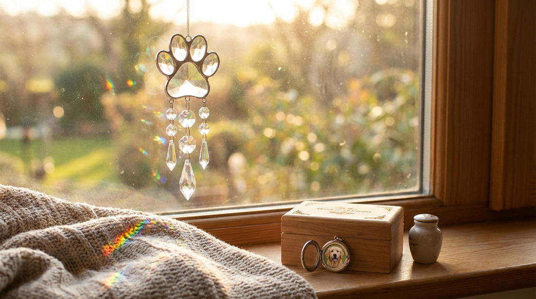 A comforting personalized pet remembrance keepsake and a suncatcher by a sunny window