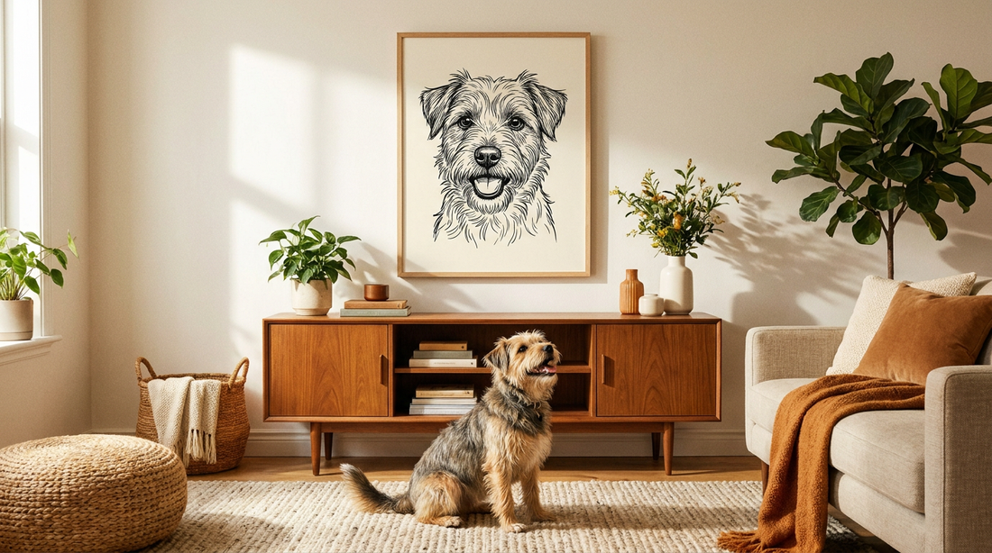 A framed custom dog portrait on a living room wall with a happy dog nearby