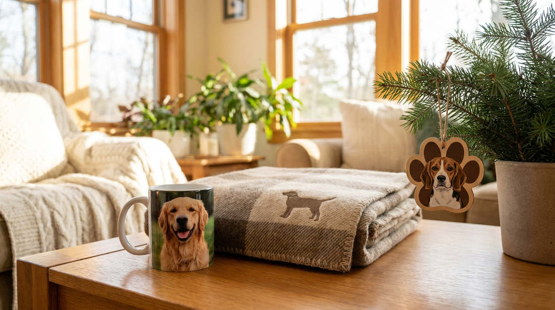 An assortment of personalized dog gifts including a custom mug, blanket and ornament
