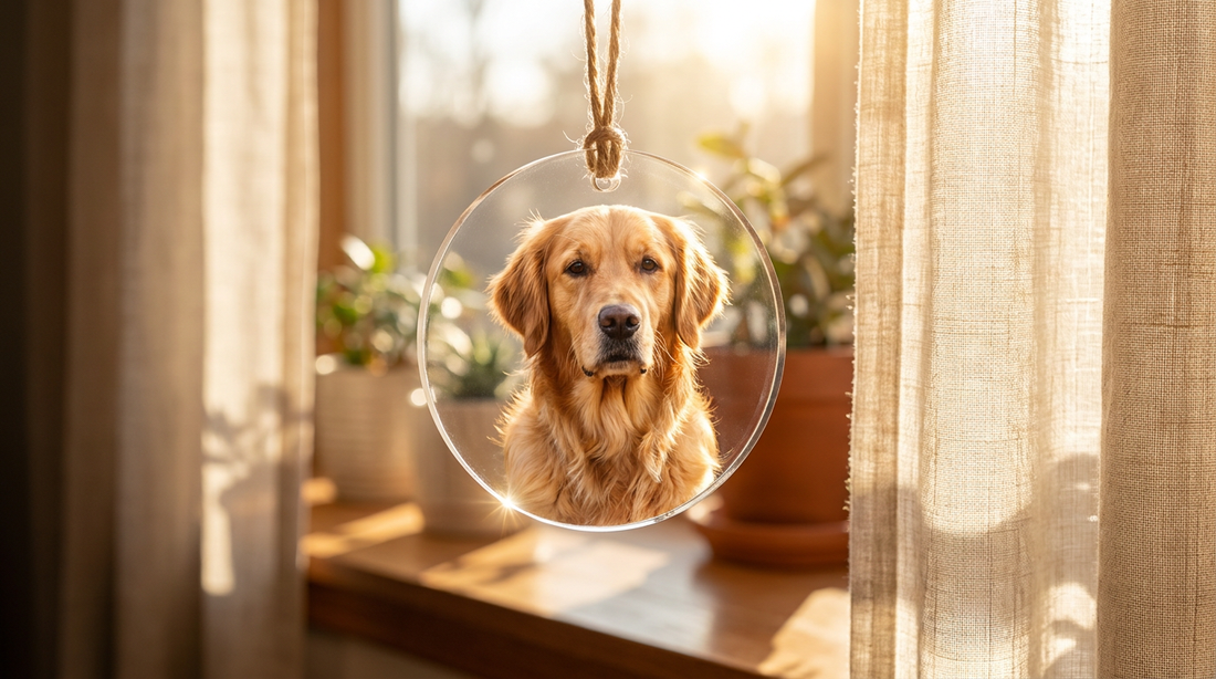 A personalized acrylic pet ornament with a dog photo hanging by a sunny window