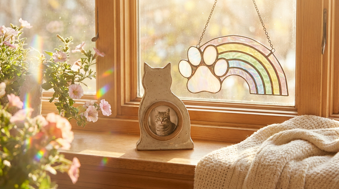 A gentle cat memorial keepsake with a photo and a suncatcher by a sunny window