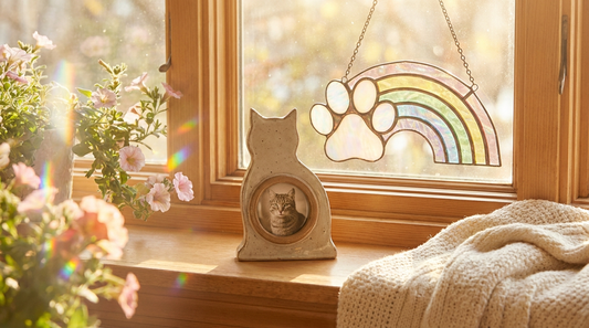 A gentle cat memorial keepsake with a photo and a suncatcher by a sunny window