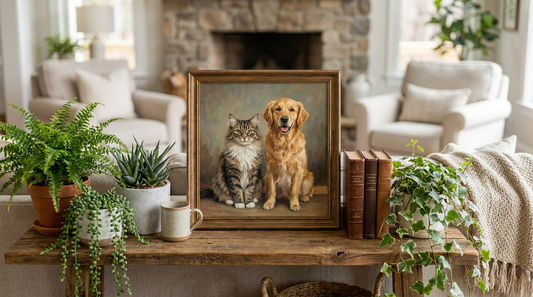 A custom pet portrait of a cat and a dog framed on a shelf with plants