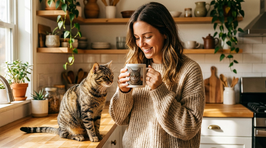 A cat owner holding a custom cat photo mug in a bright cozy kitchen with a cat nearby