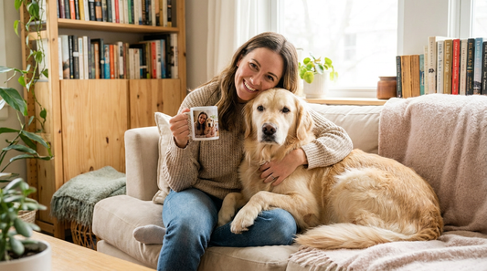 A smiling dog mom hugging her dog while holding a custom photo mug