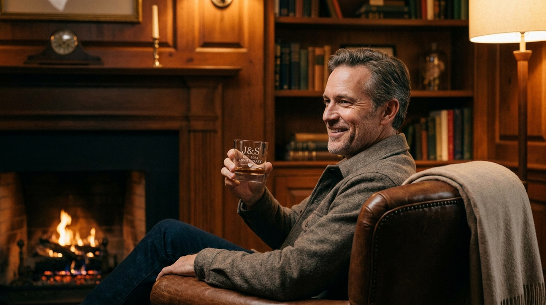 A man holding a personalized engraved whiskey glass anniversary gift