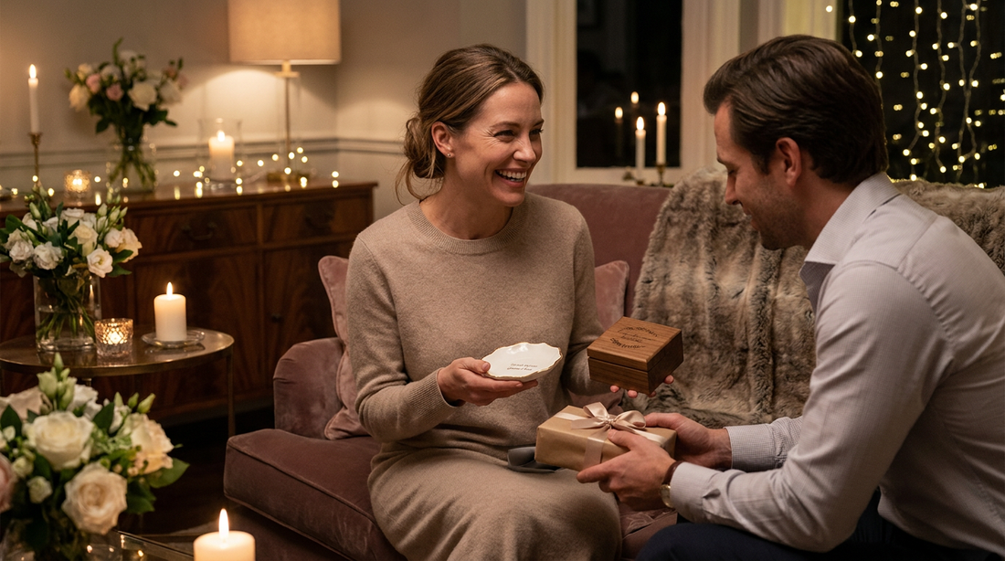 A woman receiving a personalized keepsake and a jewelry dish anniversary gift