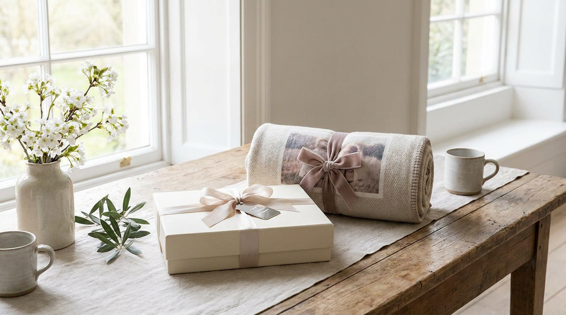 An elegant personalized wedding keepsake and photo blanket gift wrapped for a couple