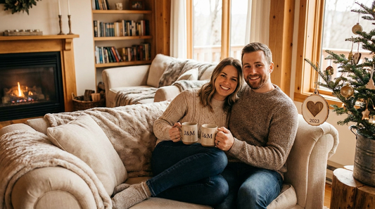 A happy couple at home with matching personalized mugs and a keepsake ornament