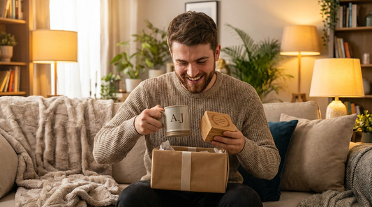 A young man opening a personalized gift, a custom mug and keepsake