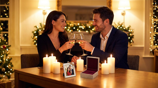 A couple celebrating their anniversary with a personalized photo ornament on a candlelit table