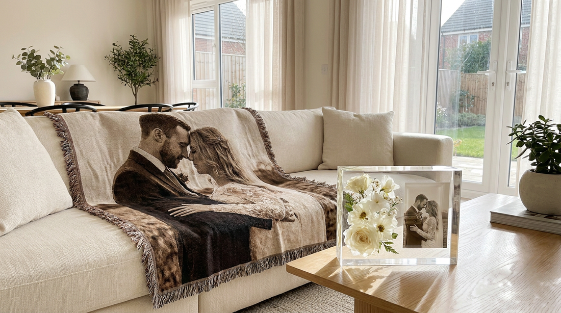 A personalized photo blanket and acrylic wedding keepsake in a bright newlywed home