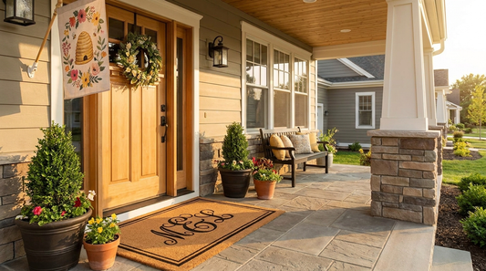 A welcoming new home entryway with a personalized doormat and house flag
