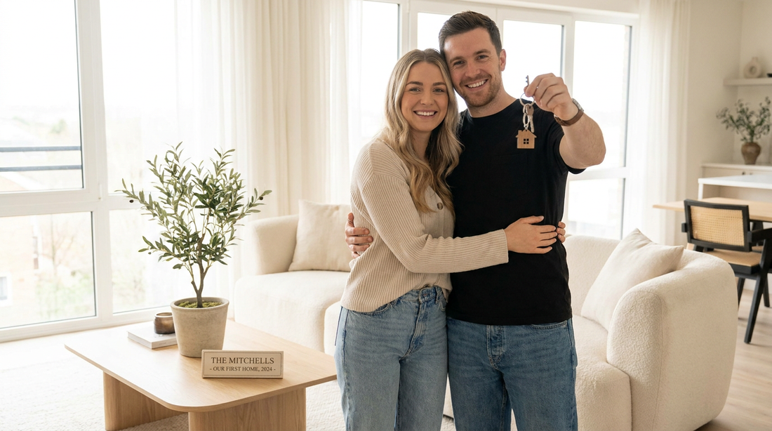 A couple holding keys in their new living room with a personalized keepsake nearby
