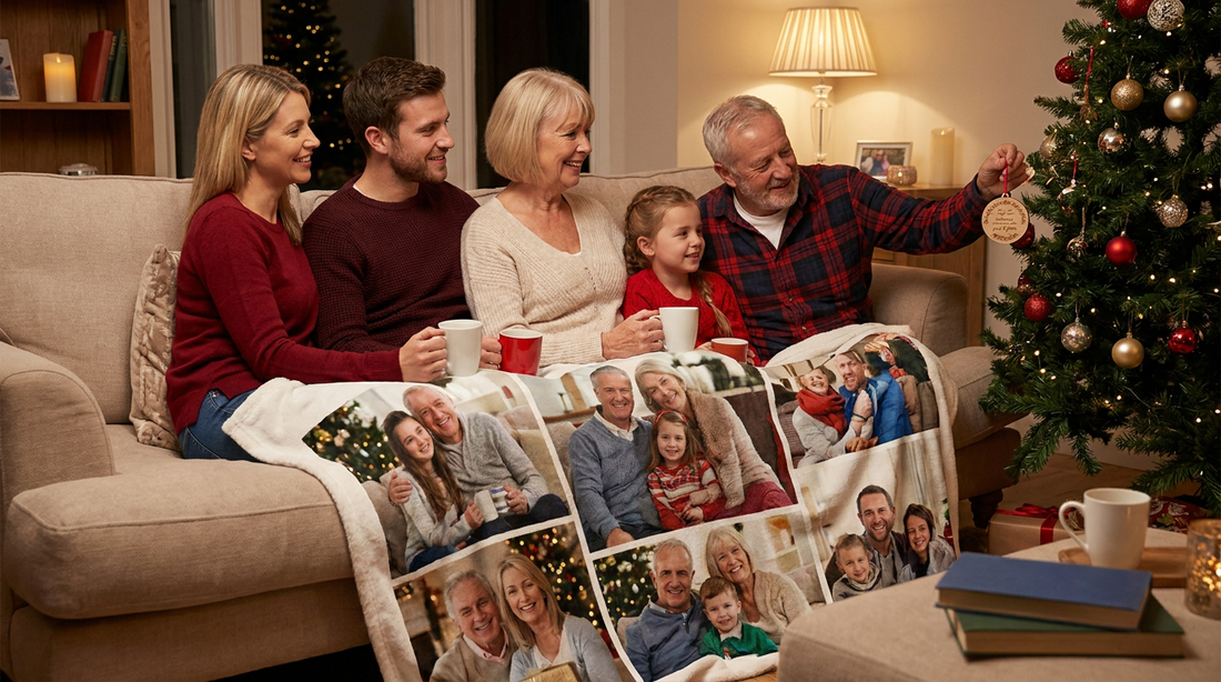 A family gathered at home with a personalized photo blanket and family ornament