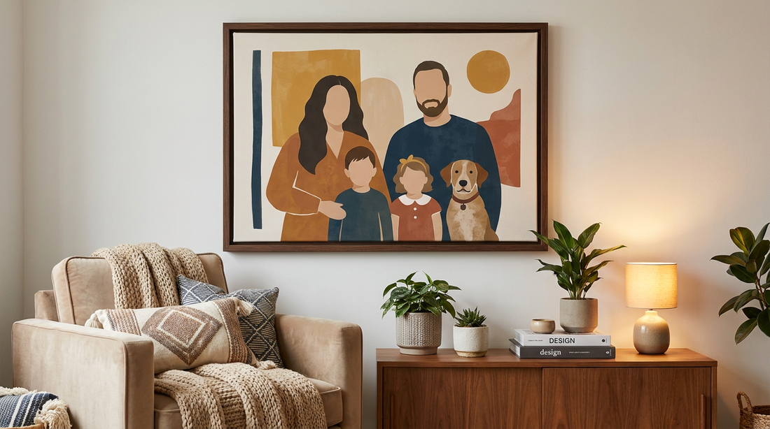A framed custom family portrait on a living room wall
